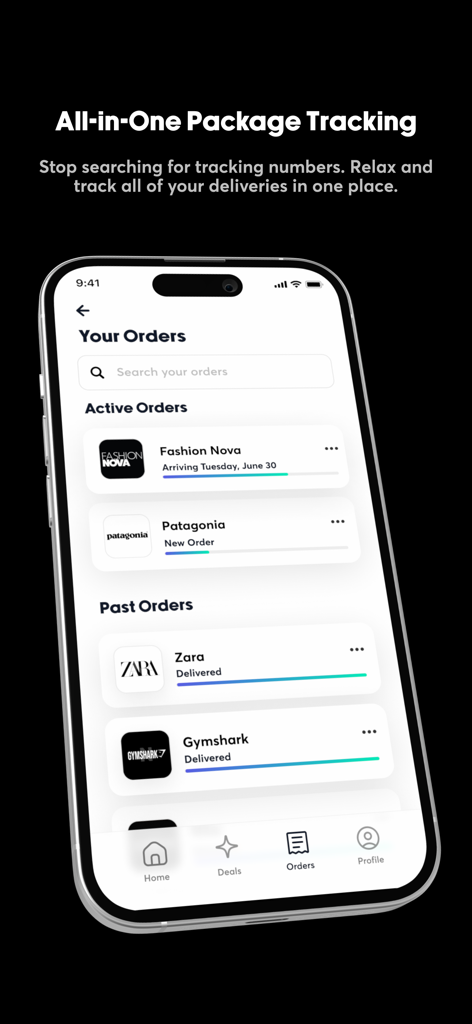 Tin app interface showing a consolidated list of active and past online shopping orders for easy tracking