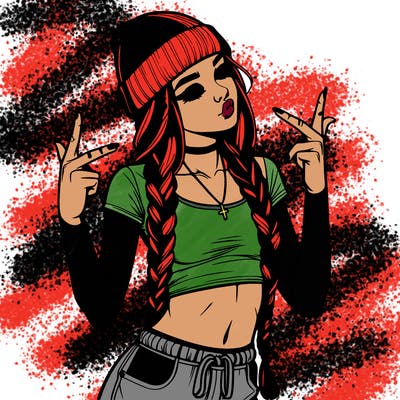 realistic teenage girl with braids and a beanie and crop top doing 🫶🏼