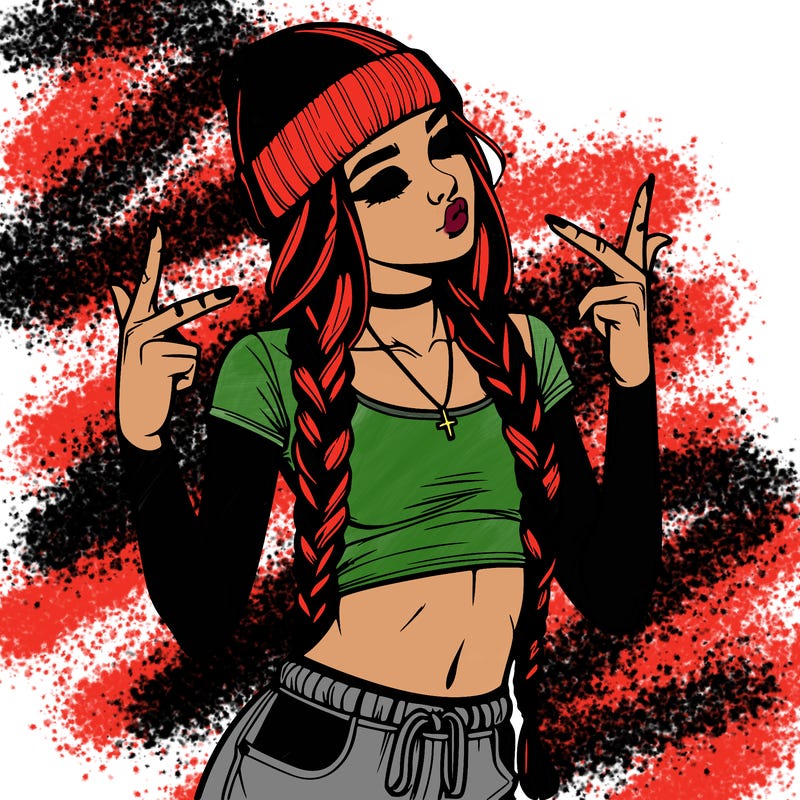 realistic teenage girl with braids and a beanie and crop top doing 🫶🏼