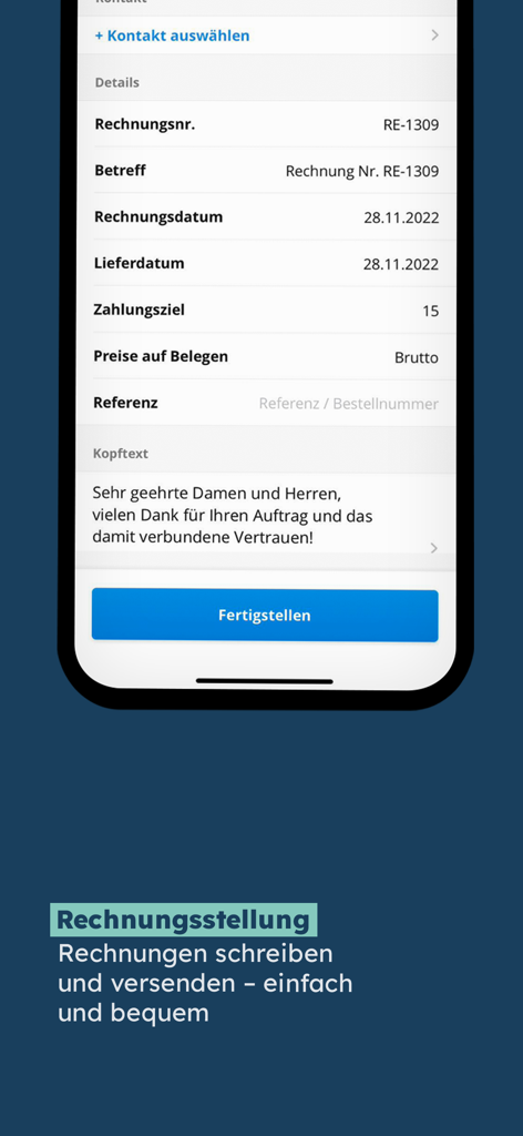 sevDesk - Interface de l'application mobile sevDesk pour la création et l'envoi de factures commerciales professionnelles