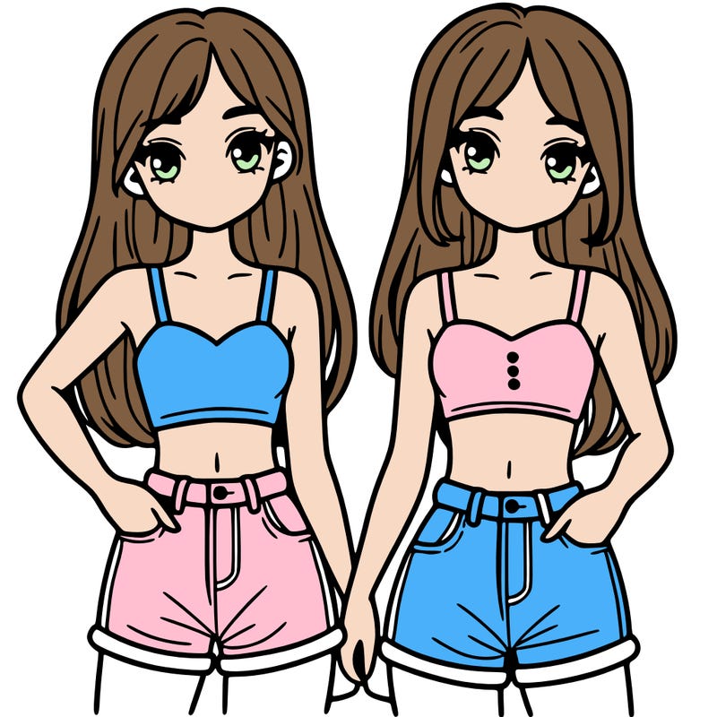 two sisters with crop tops and jean shorts and straight hair