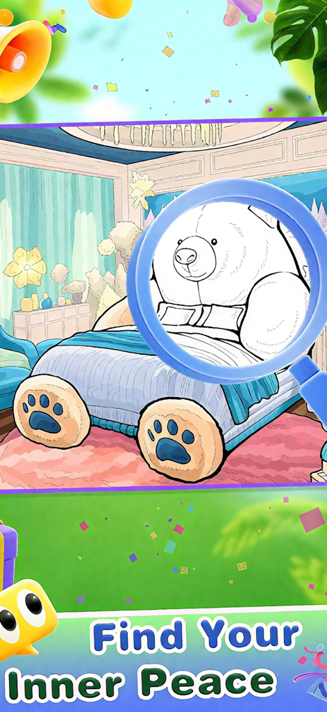 Una página para colorear digital de un oso de peluche en una habitación con el texto Encuentra tu Paz Interior.