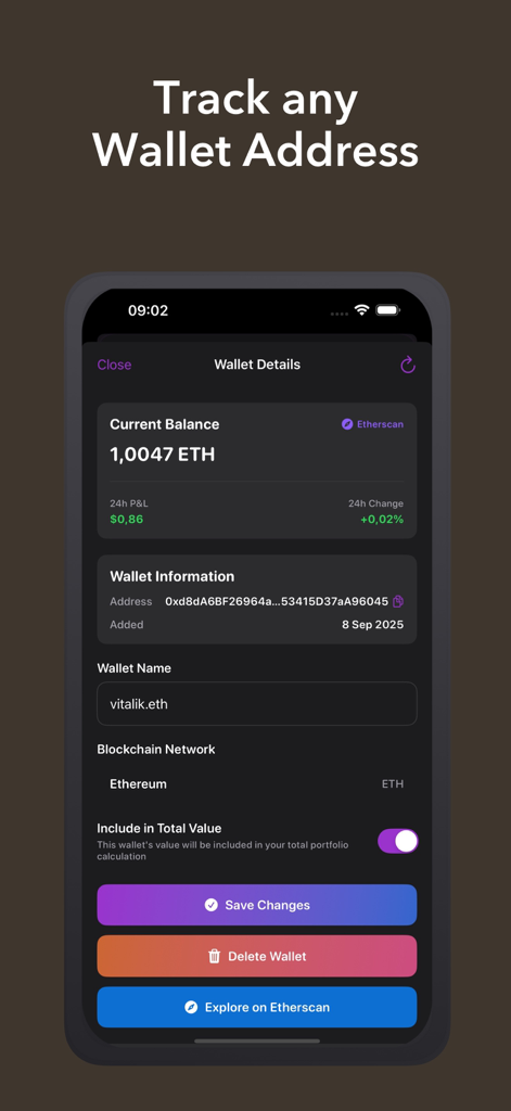 Blockfolio Pro: Crypto Tracker - Blockfolio Pro app screen showing Ethereum wallet details with current balance and profit and loss analytics.