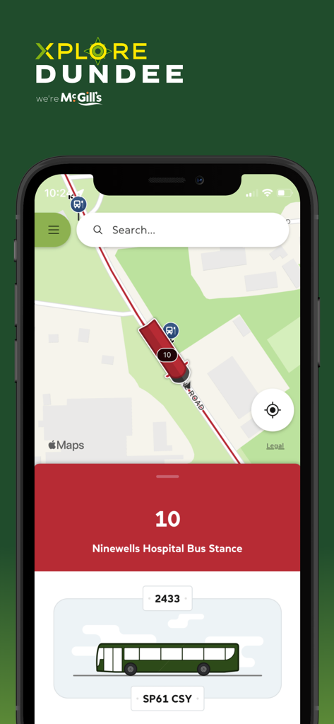 Xplore Dundee - Xplore Dundee app showing live bus tracking on a map for route 10 to Ninewells Hospital