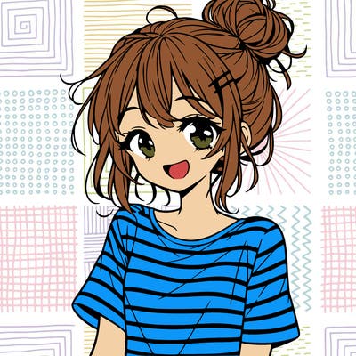 anime girl teenager striped shirt and smile and messy bun