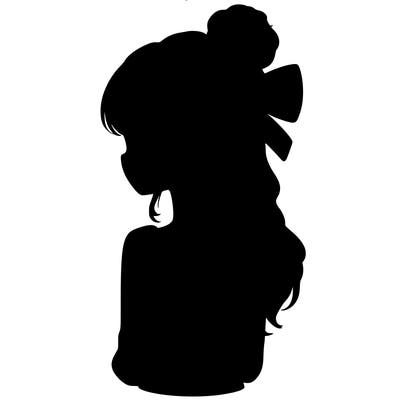 realistic girl  with hip length hair a bun and a big bow on the back of head