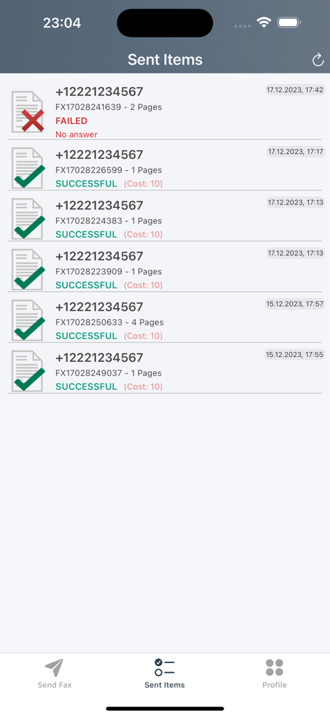 MobiFax - Fax app for iPhone - MobiFax app sent items screen showing a list of sent faxes with successful and failed delivery status