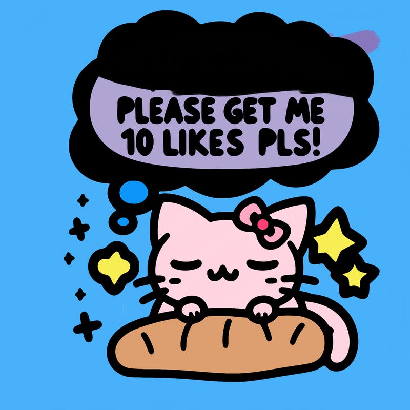 kitty taking a nap dream talking and saying "i'm new, please get me at least 10 likes pls!!"