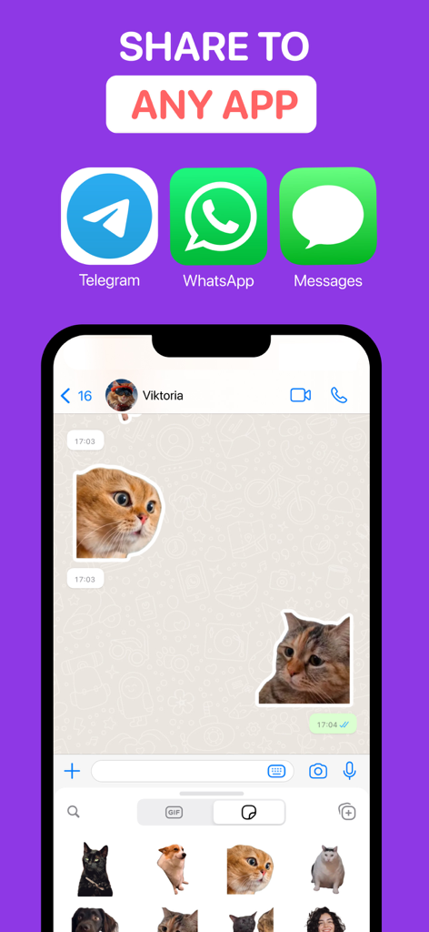 Top Sticker Maker for WhatsApp - Interface showing cross-platform sharing options for Telegram, WhatsApp, and Messages with a preview of custom cat stickers in a chat
