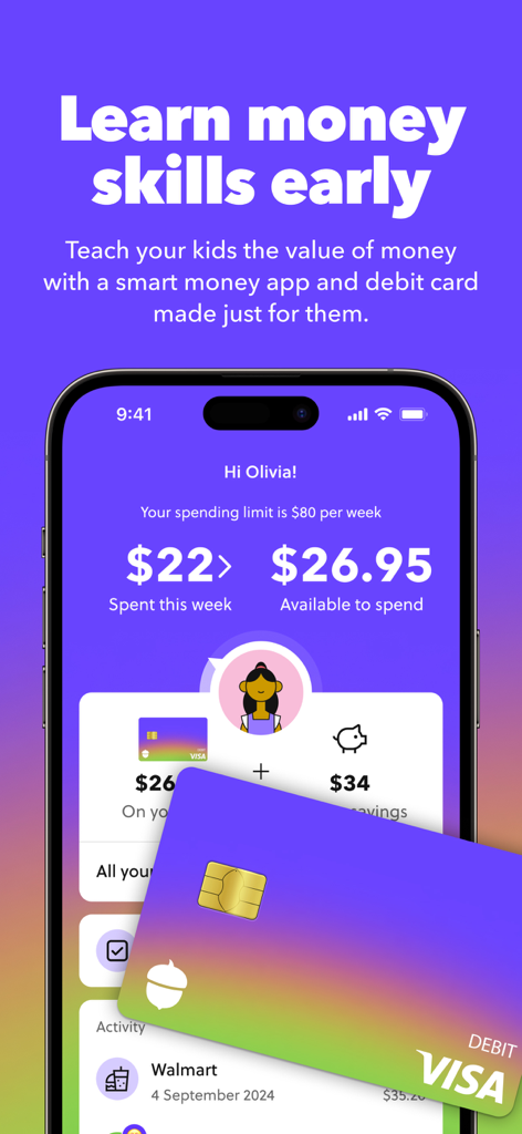 Acorns Early mobile app interface showing a child's spending tracker and a colorful Visa debit card