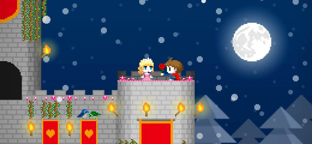 BOKU BOKU - Zwei Pixel-Art-Charaktere auf einem Burgturm-Balkon unter einem Vollmond in der Nacht bei Schneefall