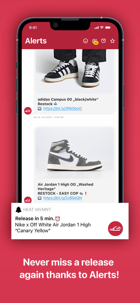 HEAT MVMNT - The Sneaker App - NikeやAdidasのようなブランドのスニーカーリリースアラートと再販通知を表示するHEAT MVMNTアプリのインターフェイス。