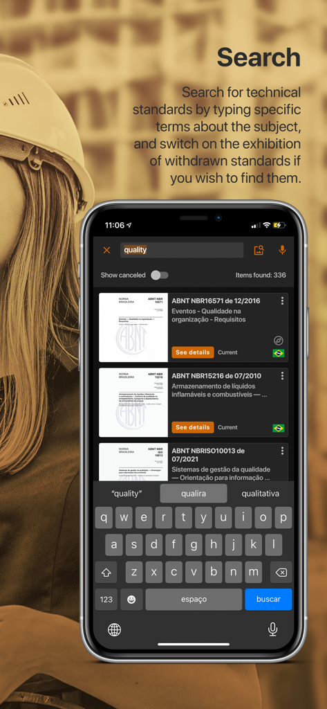 Target GEDWeb - Target GEDWeb mobile app search screen showing technical standards search results for quality
