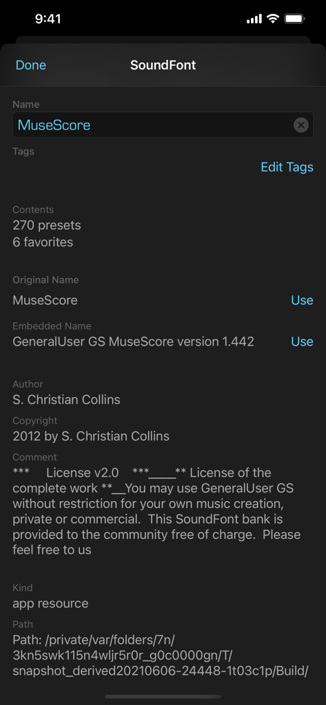 SoundFonts - Interfaz de la aplicación SoundFonts mostrando metadatos detallados e información de licencia para un soundfont llamado MuseScore.