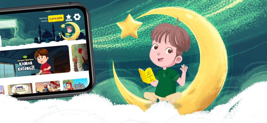 Kabi Story Book - Um menino sentado em uma lua crescente lendo um livro sobre Profetas ao lado da interface do aplicativo Kabi em um telefone