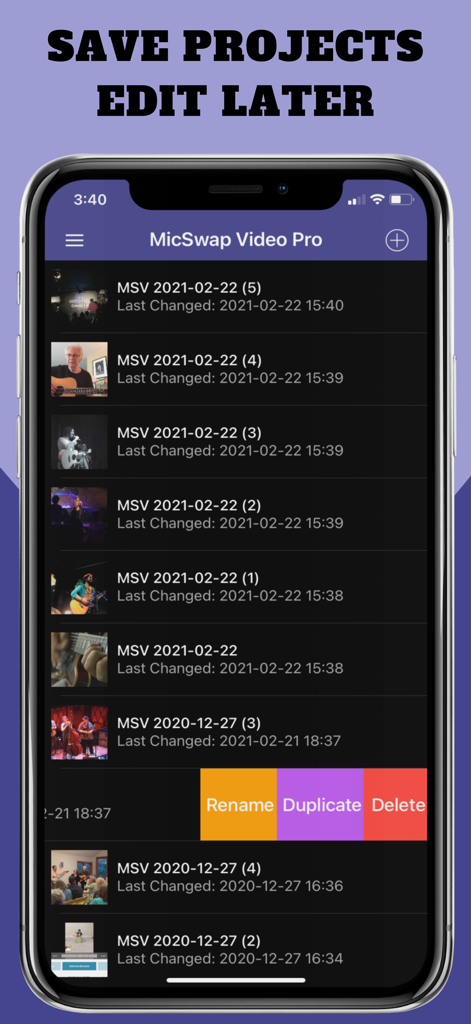 MicSwap Video Pro Audio Editor - MicSwap Video Pro app project list showing options to save rename and edit video audio projects later