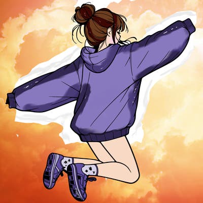 realistic girl jumping with a bun and oversized sweatshirt