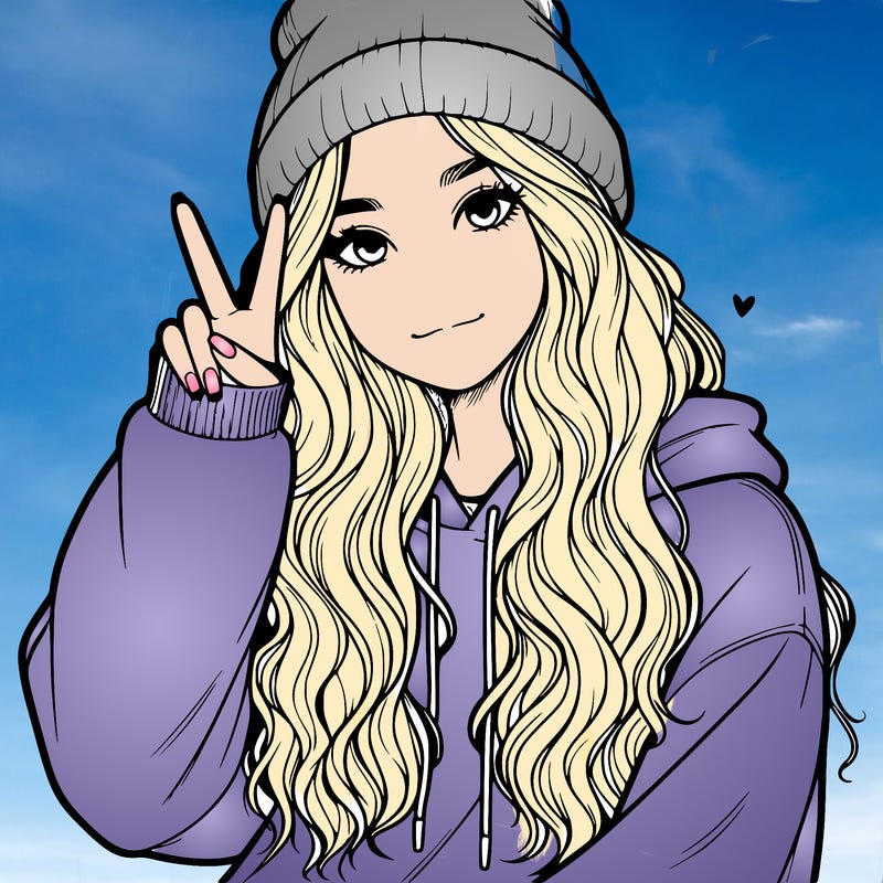 a teenage girl in a beanie, oversized sweatshirt, wavy long hair, and is showing a ✌️