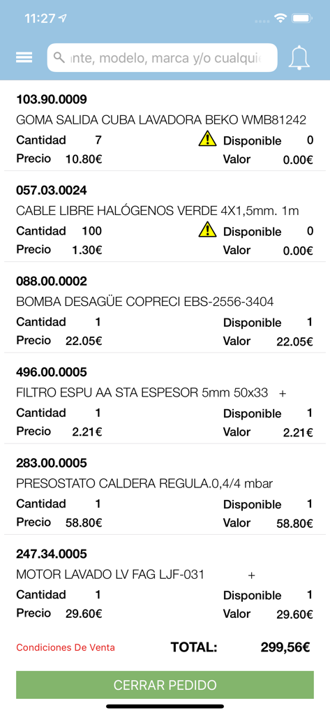 REMLE mobile app shopping cart screen displaying a list of appliance and HVAC spare parts with total order cost