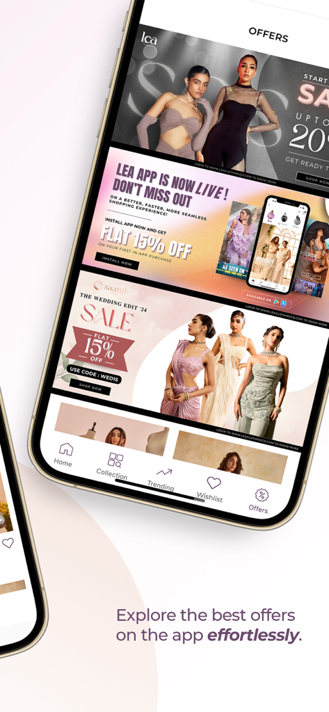 Página de ofertas de la app móvil Lea Clothing Co con banners promocionales y descuentos.