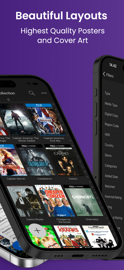 My Movies 6 - Movie & TV List - Smartphone interface displaying a grid of high quality movie posters and collection filters in the My Movies 6 app