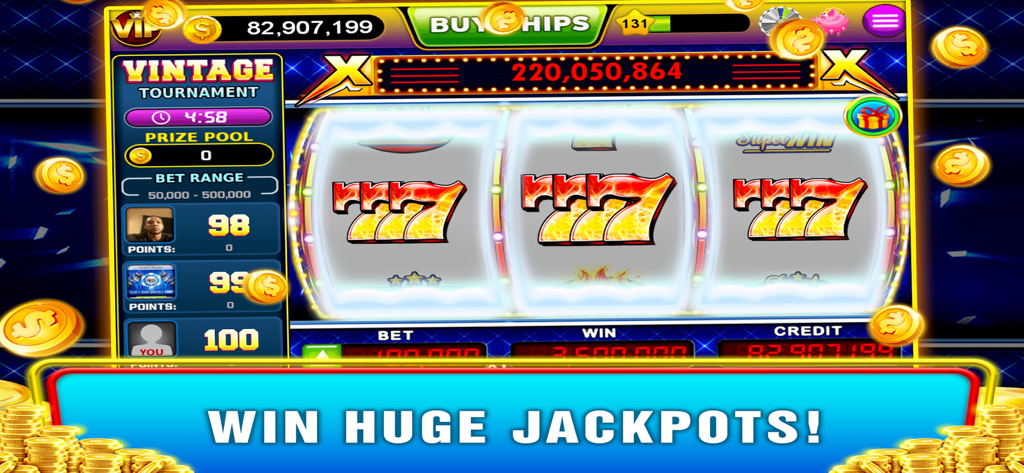 トリプルセブンと大きなジャックポット獲得バナーが表示されたクラシックなスロットマシンゲーム画面