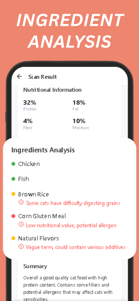 Cat Food Scanner - Leo - Leoアプリ画面に、猫のフードの栄養情報と詳細な成分分析が表示されています