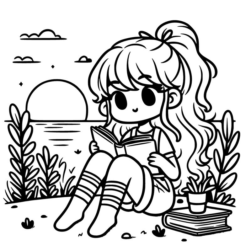 girl reading books outsode in the sunset