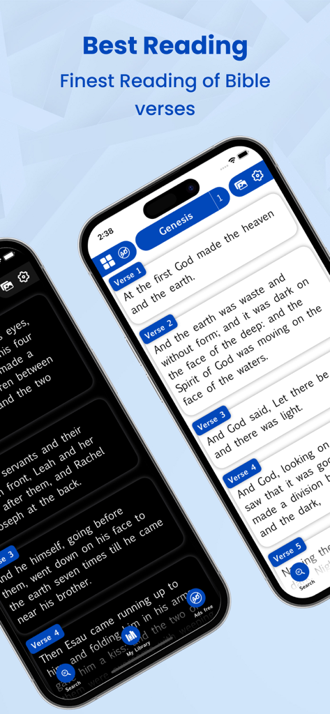 Reading interface of the Easy-To-Read Holy Bible app showing light and dark themes