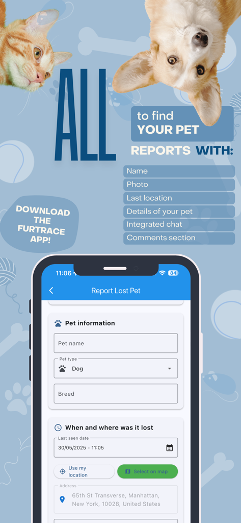 Furtrace - Furtrace mobile app interface showing the report lost pet form with fields for pet details and last seen location