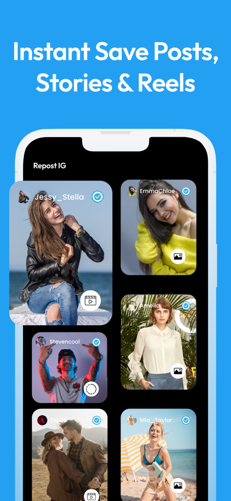 IGSaver! Video & Photo Saver - IGSaver app interface displaying a grid of Instagram posts, stories, and reels for instant saving and reposting.