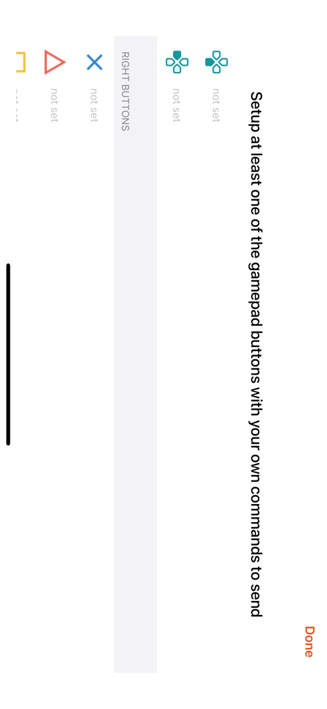 Bluetooth for Arduino app screen for configuring gamepad button commands