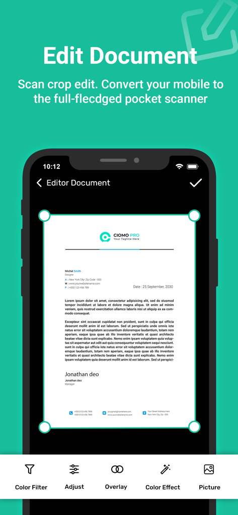 Cam Scanner - Doc Scan - Écran d'application mobile pour éditer et recadrer des documents numérisés avec des outils professionnels