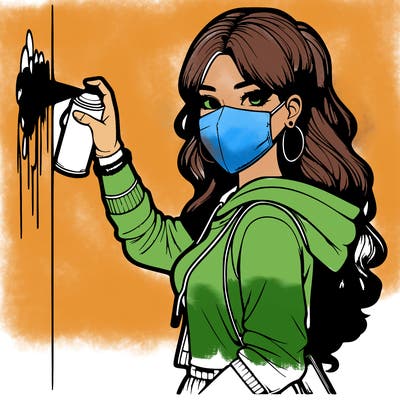 realistic girl with mask spray painting a wall