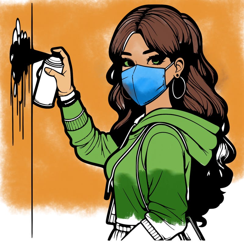 realistic girl with mask spray painting a wall