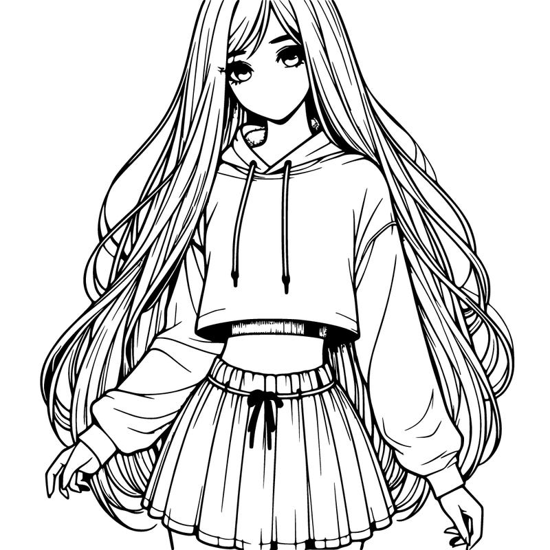 realistic girl with long hair a crop hoodie and a skirt