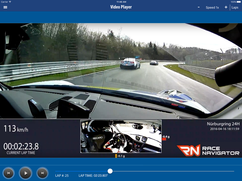 RN Analyzer - RN Analyzer app interface displaying synchronized race car video footage and telemetry data including speed and lap time.