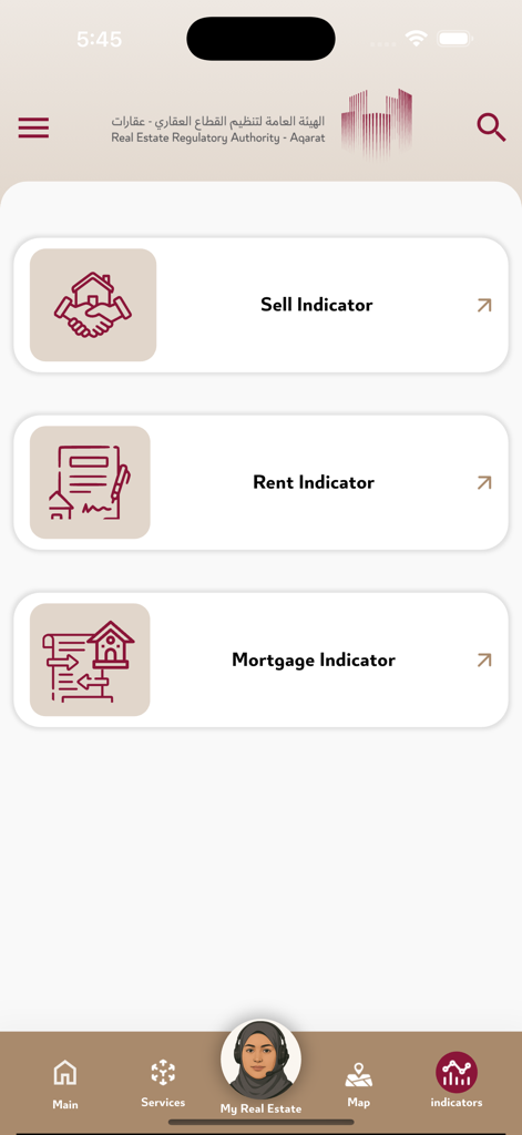 Qatar Aqarat - Qatar Aqarat app home screen featuring sell rent and mortgage indicator options