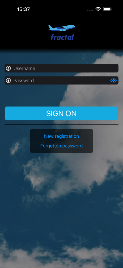 AirTickets: Quick Booking - Tela de login do aplicativo AirTickets Quick Booking com campos de login e logotipo fractal