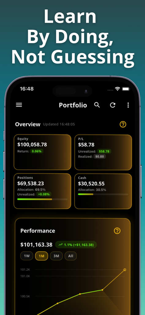 Crypto Trading AI : CPreds - The portfolio overview screen of the CPreds crypto trading simulator showing equity, profit and loss, and a performance growth chart.