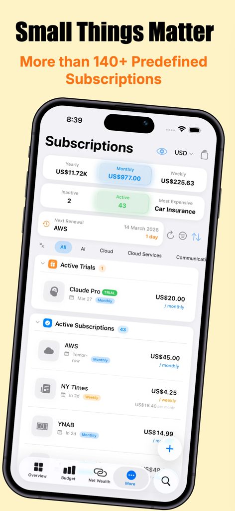 Wealth - All in One Tracker - Schermata di gestione degli abbonamenti dell'app Wealth che mostra le prove gratuite attive e i pagamenti mensili imminenti