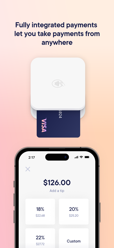 Mangomint app interface for salon mobile payments and checkout with tip selection.