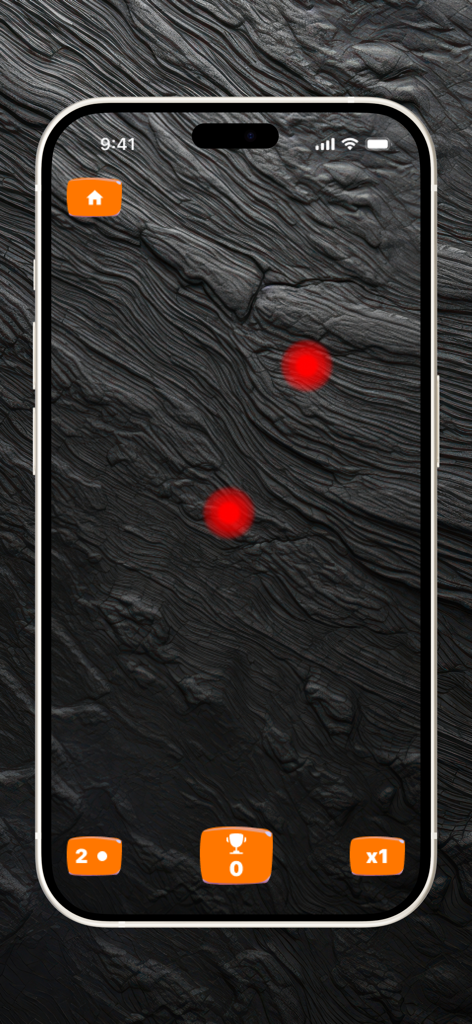 Cat Games - Fish & Mouse - Mobile screen showing two glowing red laser dots on a dark wood grain background for cat entertainment.