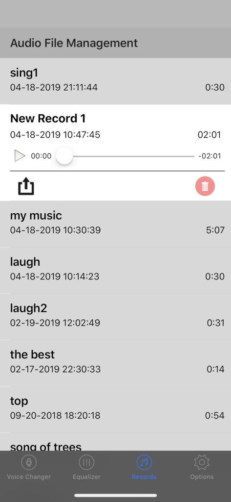 Live Voice Changer - Prankcall - Audio file management interface showing a list of voice recordings with playback controls and share options.