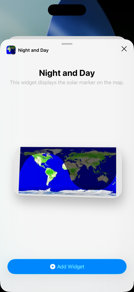 Widget-Vorschau für die Nacht- und Tag-App, die eine Weltkarte mit dem aktuellen Tag- und Nachtzyklus anzeigt.