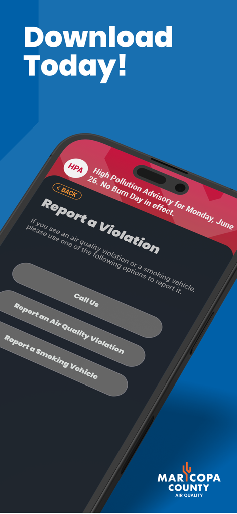 Screenshot of the Maricopa County Clean Air app showing the Report a Violation screen with options to report smoking vehicles and air quality violations.