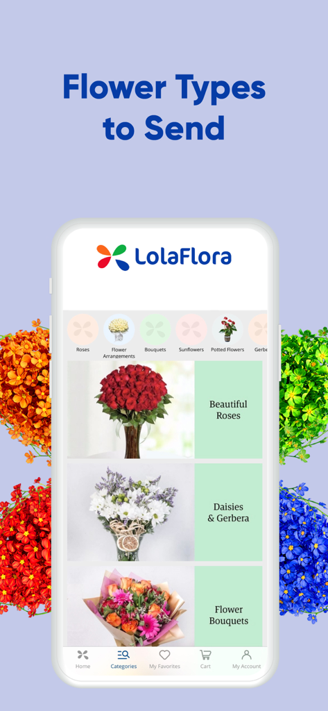 Interfaz de la aplicación móvil LolaFlora que muestra varias categorías de flores, incluyendo rosas, margaritas y ramos mixtos para entrega