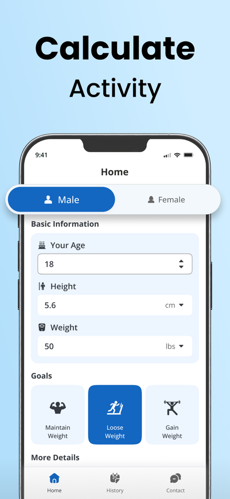 Interfaccia dell'app Calcolatore TDEE che mostra campi di input utente per età, altezza, peso e obiettivi di fitness