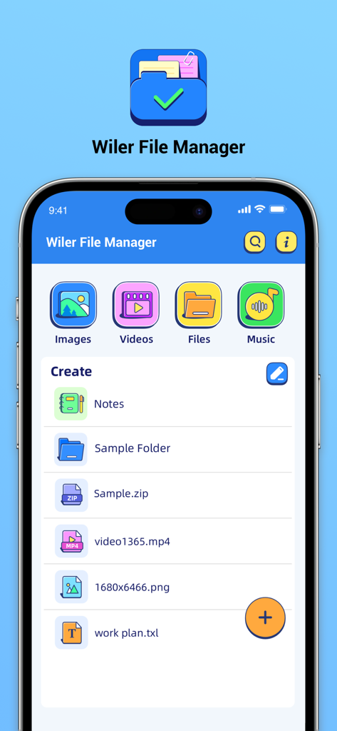 Wiler File Manager - The main dashboard of Wiler File Manager app showing categories for images videos files and music with a list of organized documents