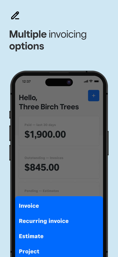Square Invoices 앱 대시보드는 소규모 비즈니스를 위한 여러 인보이스 및 견적 옵션을 표시합니다